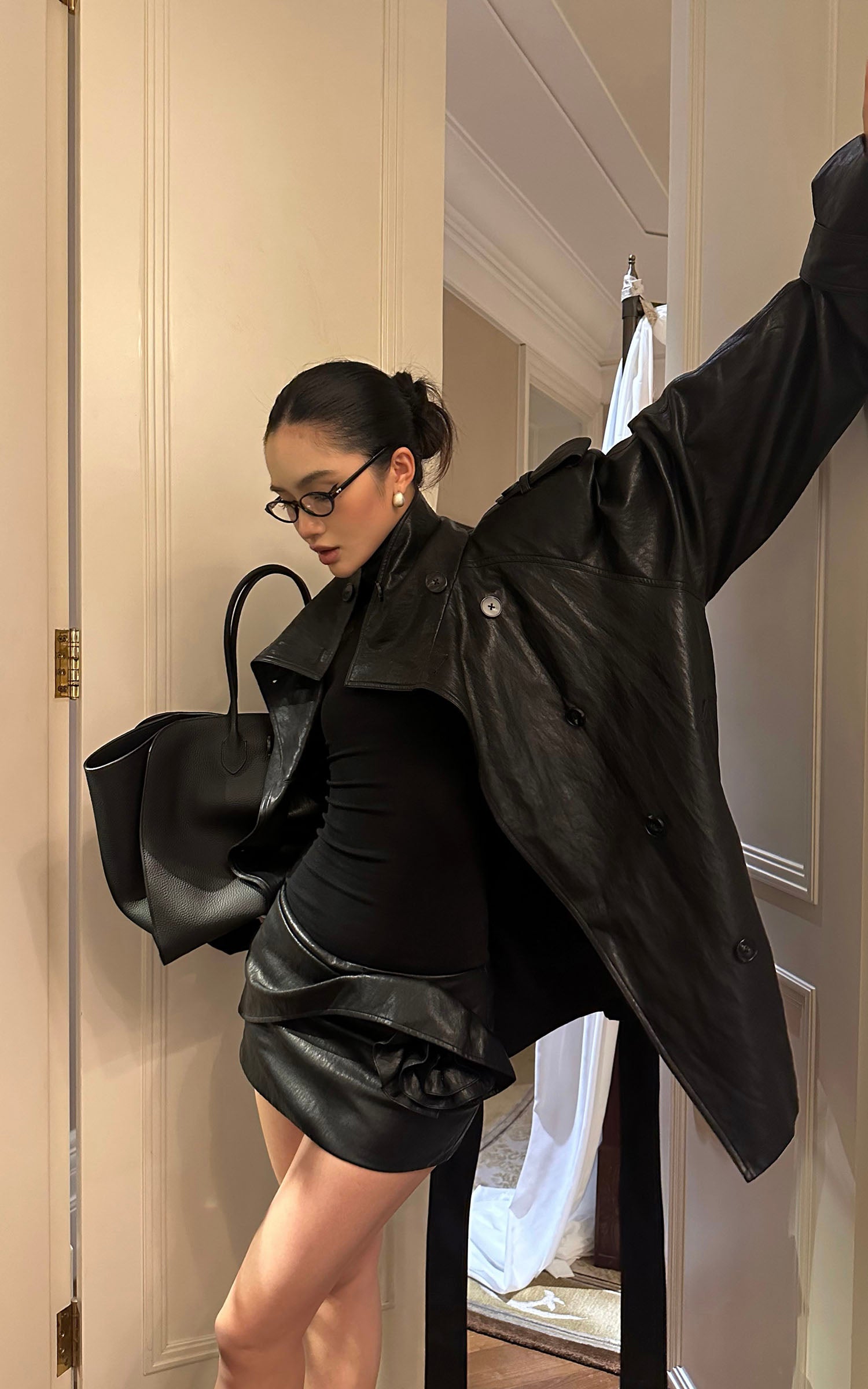 ROVENTE Faux Leather Belted Short Trench Coat