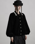 DOINDULGE Velvet Sculpted Jacket with Lace Collar & Antique Buttons