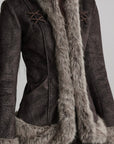 DOINDULGE Faux Fur-Trim Textured Jacket with Cross-Lace Details