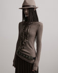DOINDULGE Ruched High-Neck Rib Knit Top