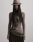 DOINDULGE Ruched High-Neck Rib Knit Top
