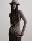 DOINDULGE Ruched High-Neck Rib Knit Top