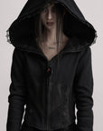 DOINDULGE Long-Hood Gothic Jacket with Lace Trim and Sculpted Corset Detail