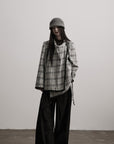 DOINDULGE Structured Fleece-Lined Plaid Jacket with Asymmetric Drape and Braided Closure