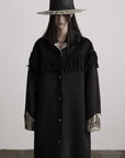 DOINDULGE Fringe-Detail Long Coat with Contrasting Patterned Lining