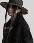 DOINDULGE Fringe-Detail Long Coat with Contrasting Patterned Lining