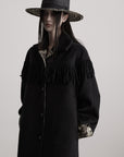 DOINDULGE Fringe-Detail Long Coat with Contrasting Patterned Lining