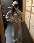 ROVENTE Cozy Rib Knit Hoodie & Wide-Leg Lounge Pants Set