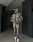 WARDEN EDGE Furry Hood Jacket & Knit Hood Hat Set with Slim Top and Drawstring Shorts