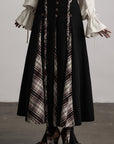 DOINDULGE Panelled Wool Skirt with Braided Trim and Tartan Inserts