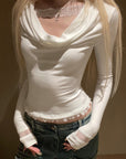 Rase Le Sol Draped Neck Long Sleeve Top With Lace Insets And Mesh Panel