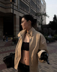Hydrae Cropped Jacket & Lace Trim Strap Top Set Structured Zip-Up Outerwear Two Piece Outfit
