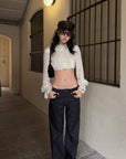 Hydrae Lace Ruffle Cropped Blouse High Neck Sheer Long Sleeve Top