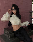 Hydrae Lace Ruffle Cropped Blouse High Neck Sheer Long Sleeve Top
