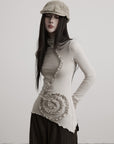 DOINDULGE Asymmetric Ruched High-Neck Long Sleeve Tee