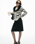 IAMXIAA Zebra Pattern Faux Fur Collar Knit Cardigan