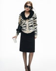 IAMXIAA Zebra Pattern Faux Fur Collar Knit Cardigan