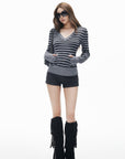 IAMXIAA Pull en maille à rayures col en V avec poches avant