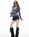 IAMXIAA Pull en maille à rayures col en V avec poches avant