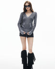 IAMXIAA Pull en maille à rayures col en V avec poches avant