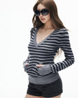IAMXIAA Pull en maille à rayures col en V avec poches avant