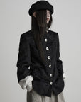 DOINDULGE High-Neck Textured Jacket with Crescent Button Detail