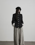 DOINDULGE High-Neck Textured Jacket with Crescent Button Detail