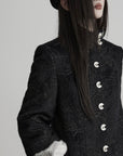 DOINDULGE High-Neck Textured Jacket with Crescent Button Detail