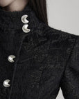 DOINDULGE High-Neck Textured Jacket with Crescent Button Detail
