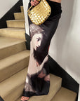 0122stepll Renaissance Portrait Print Draped Maxi Skirt