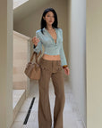 Hydrae ラッフルカウルネック長袖トップス スリムフィットドレープシャツ
