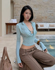 Hydrae ラッフルカウルネック長袖トップス スリムフィットドレープシャツ
