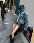 WARDEN EDGE Vintage Wash Sculpted Denim Jacket & Micro Shorts Set