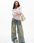 IAMXIAA Jean large taille basse à effet vintage