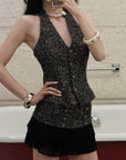Hydrae ローライズプリーツミニスカート テクスチャーボタンディテール レイヤードメッシュヘムスカート