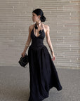Hydrae Robe longue à col licou, dos nu, corsage ajusté, jupe fluide texturée