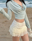 Hydrae ラッフルカウルネック長袖トップス スリムフィットドレープシャツ