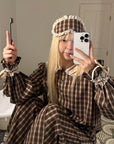 Rase le sol Plaid Lace Trim Pajama Set with Eye Mask