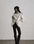 DOINDULGE Ruffled Stand Collar Flared Sleeve Shirt