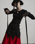 DOINDULGE Pleated Collar Flared Sleeve Ribbed Long Sleeve T-Shirt
