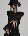 DOINDULGE Pleated Collar Flared Sleeve Ribbed Long Sleeve T-Shirt