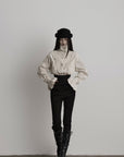 DOINDULGE Ruffled Stand Collar Flared Sleeve Shirt