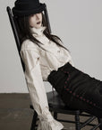 DOINDULGE Ruffled Stand Collar Flared Sleeve Shirt