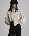 DOINDULGE Ruffled Stand Collar Flared Sleeve Shirt