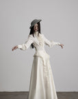 DOINDULGE Ruffled High-Neck Smocked Waist Long Sleeve Blouse