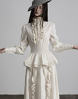 DOINDULGE Ruffled High-Neck Smocked Waist Long Sleeve Blouse