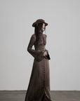 DOINDULGE High Neck Gathered Gothic Flare Sleeve Maxi Dress