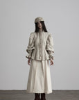 DOINDULGE Sculpted Pleated Waist Ruffle Collar Linen Shirt