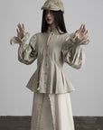DOINDULGE Sculpted Pleated Waist Ruffle Collar Linen Shirt
