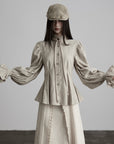 DOINDULGE Sculpted Pleated Waist Ruffle Collar Linen Shirt